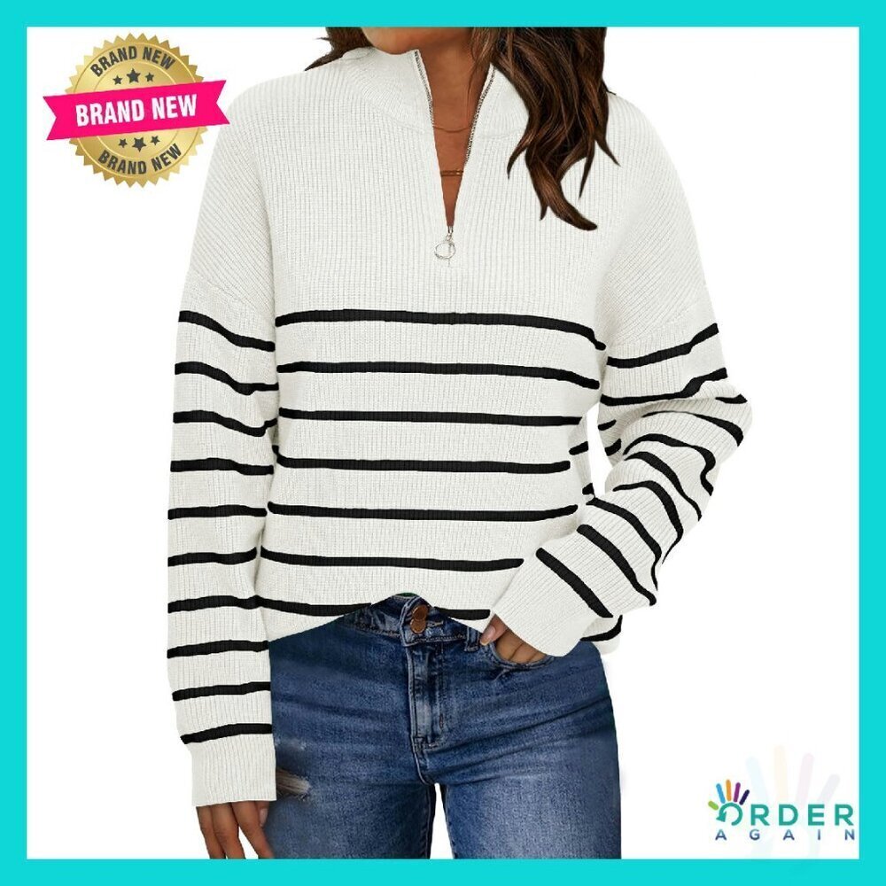 Oversized Quarter Zip Sweater Mock Turtleneck Striped Pullover Y2K Chic